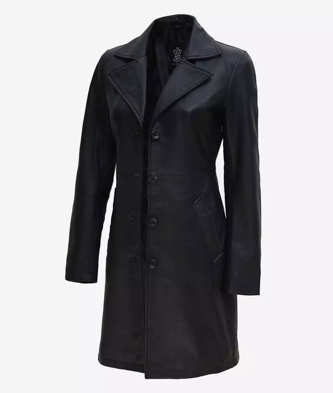 Womens Tall Wide Collar 3 Quarter Black Leather Coat