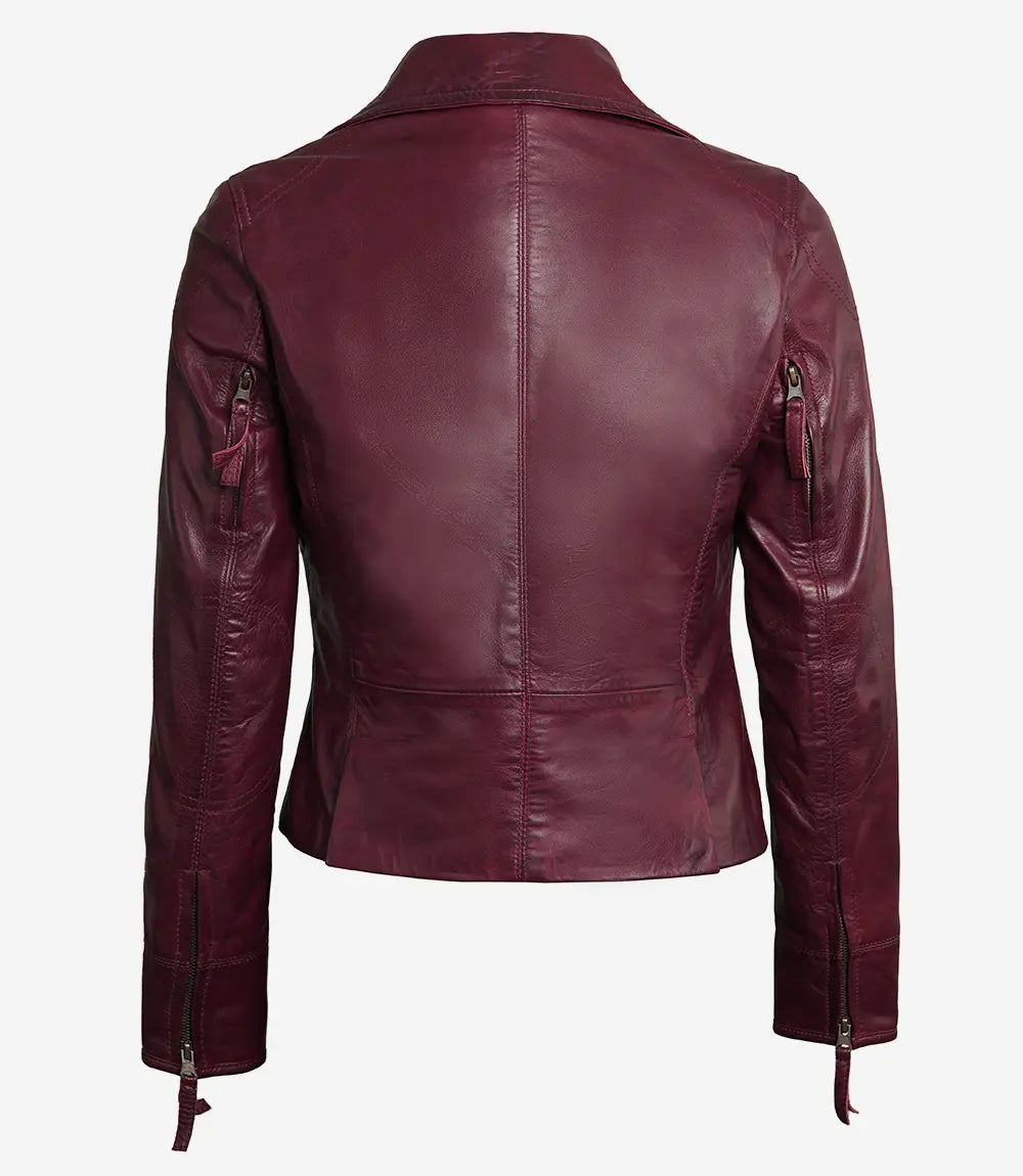 Womens Real Lambskin Leather Asymmetrical Maroon Motorcycle Leather Jacket