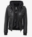 Womens Tall Black Hooded Bomber Leather Jacket
