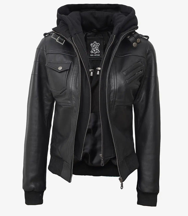 Womens Tall Black Hooded Bomber Leather Jacket