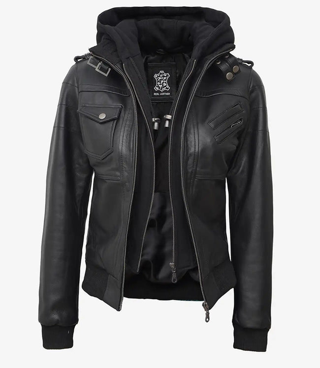 Womens Tall Black Hooded Bomber Leather Jacket