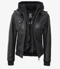 Womens Tall Black Hooded Bomber Leather Jacket
