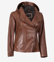 Women Brown Asymmetrical Hooded Leather Jacket