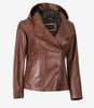 Women Brown Asymmetrical Hooded Leather Jacket