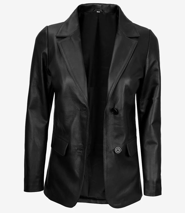 Womens Notch Lapel Black Leather Blazer Coat
