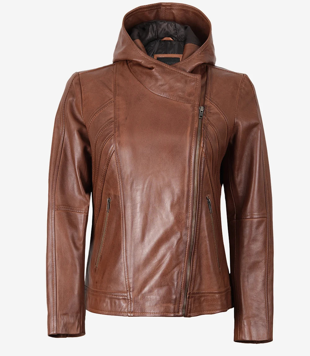 Women Brown Asymmetrical Hooded Leather Jacket