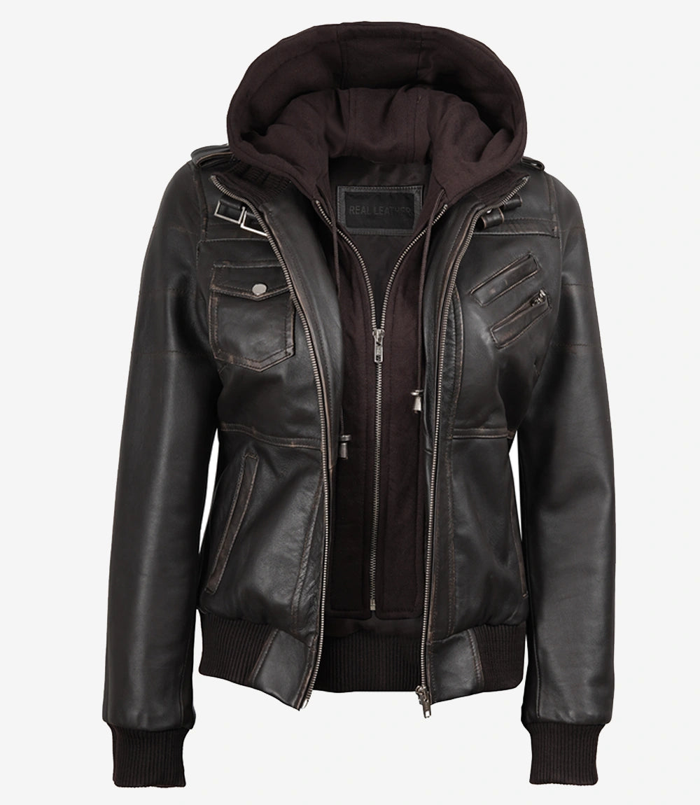 Womens Rub Off Brown Hooded Bomber Leather Jacket