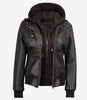 Womens Rub Off Brown Hooded Bomber Leather Jacket