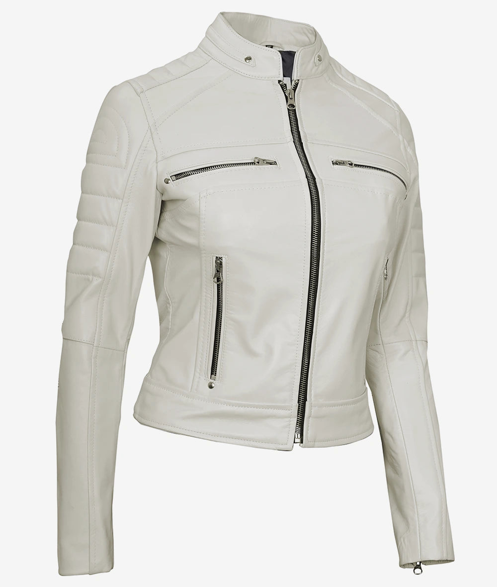 Womens Real Leather White Biker Jacket