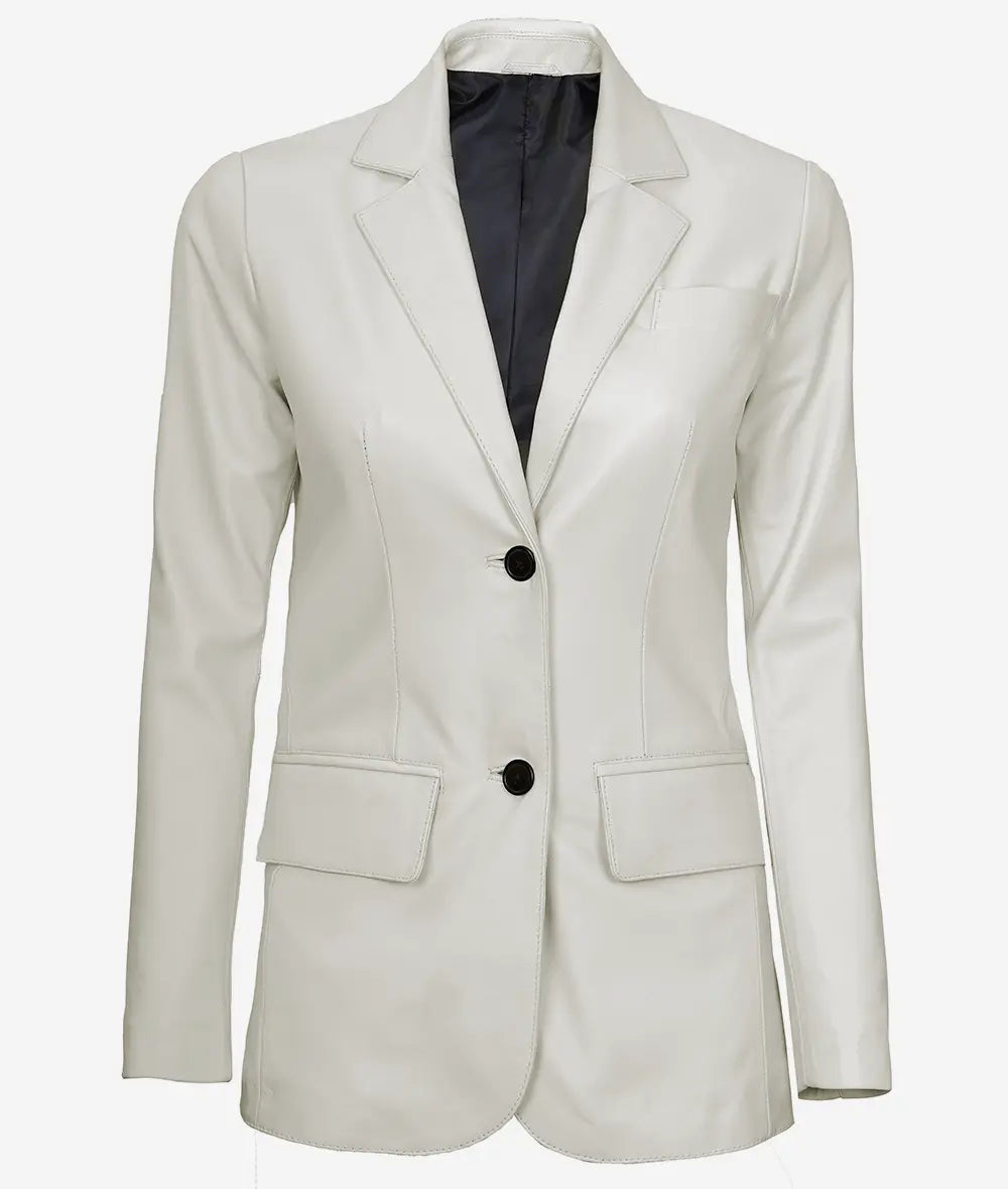 Womens Two Button White Leather Blazer