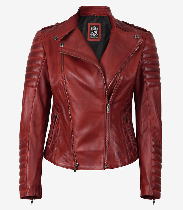 Womens Asymmetrical Red Leather Moto Jacket