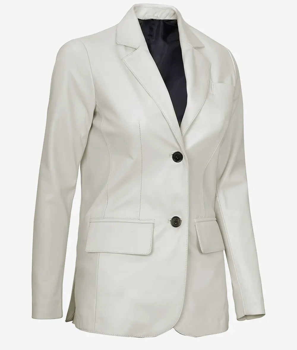 Womens Two Button White Leather Blazer