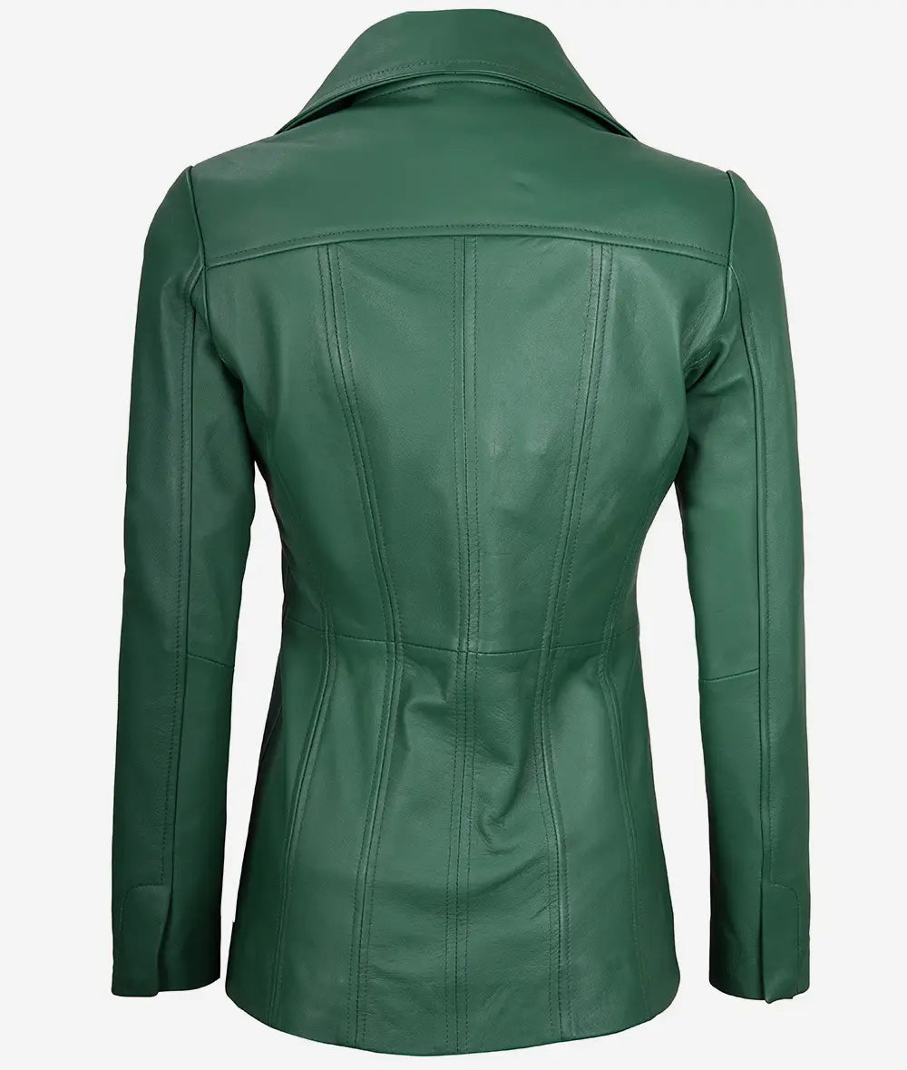 Womens Three Button Green Leather Blazer