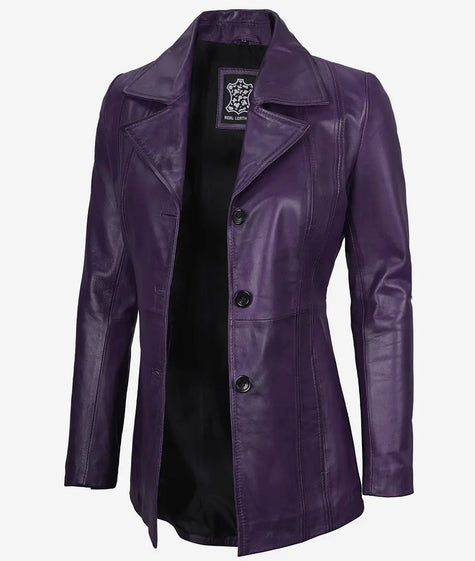 Womens Three Button Purple Leather Blazer