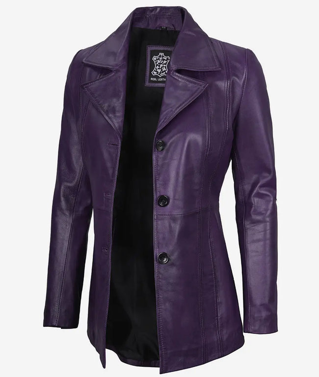 Womens Three Button Purple Leather Blazer
