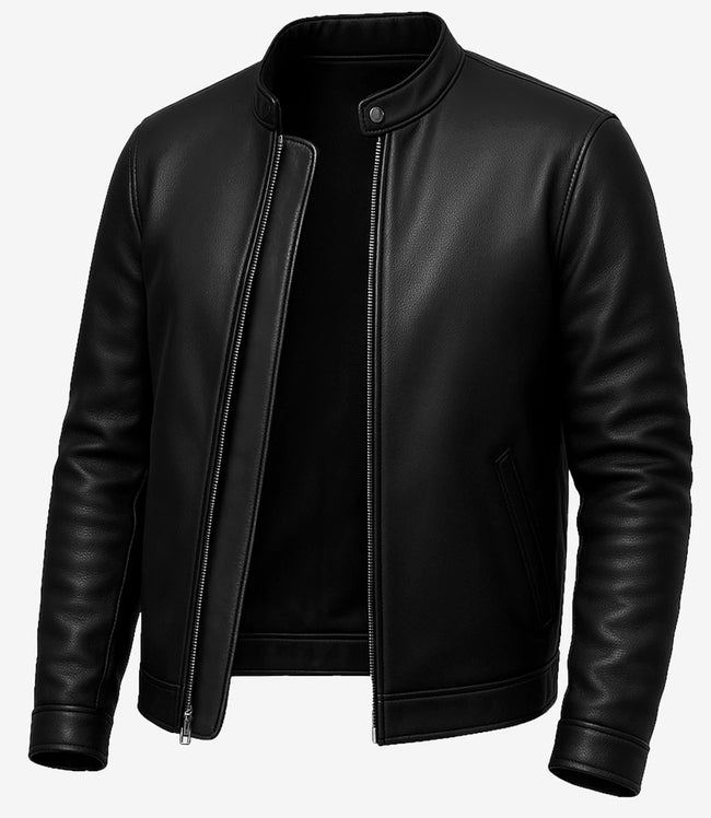 Black Cafe Racer Leather Jacket For Men