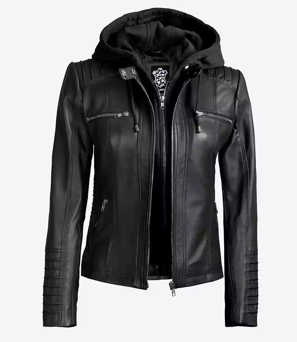 Womens Tall Black Leather Jacket With Hood