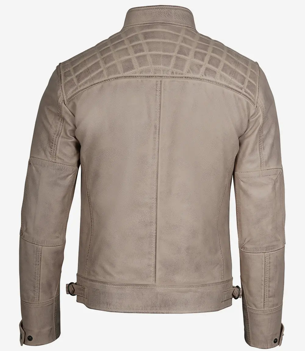 Mens Cafe Racer Beige Leather Jacket