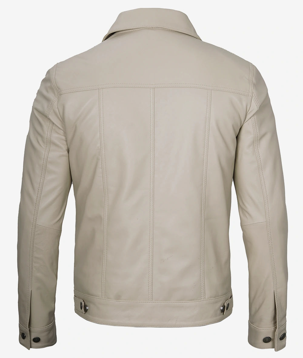 Mens Four Pockets Beige Leather Trucker Jacket
