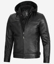 Mens Black Cafe Racer Leather Jacket With Detachable Hood