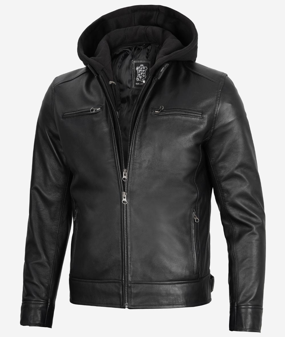 Mens Black Cafe Racer Leather Jacket With Detachable Hood