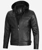 Mens Black Cafe Racer Leather Jacket With Detachable Hood