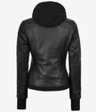 The Celeste: Womens Black Bomber Leather Jacket with Removable Hood