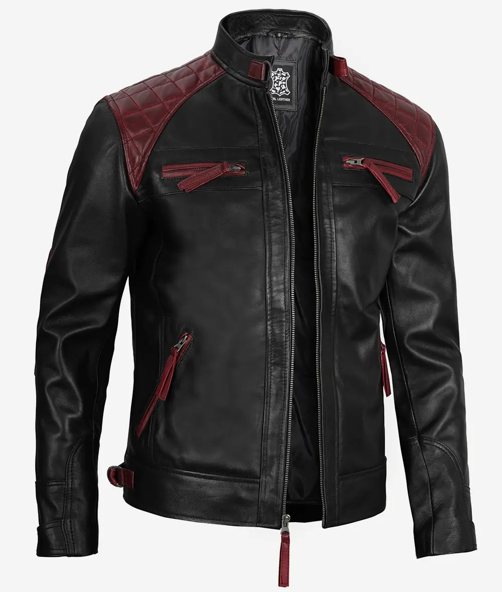 Mens Black and Maroon Cafe Racer Leather Jacket