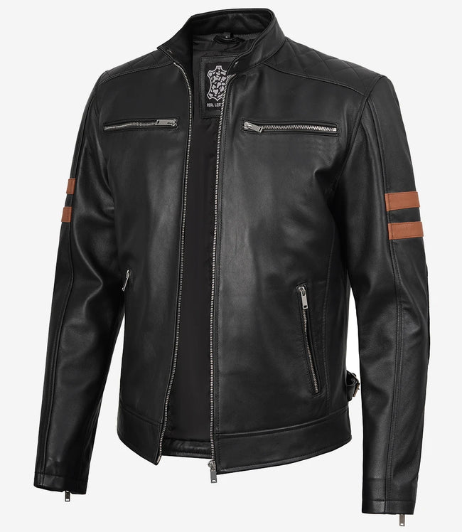 Men's Black Leather Biker Style Jacket with Tan Arm Stripes
