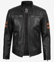 Men's Black Leather Biker Style Jacket with Tan Arm Stripes