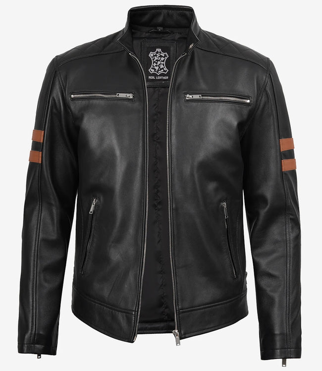 Men's Black Leather Biker Style Jacket with Tan Arm Stripes