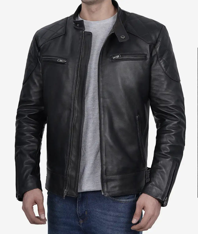 Mens Black Leather Cafe Racer Jacket