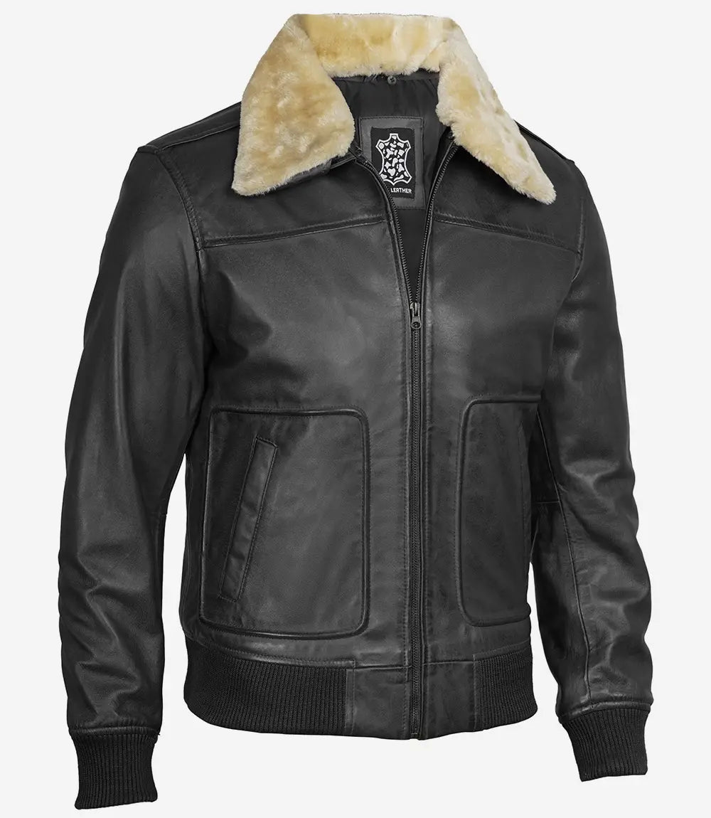Mens Fur Collar Black Bomber Leather Jacket 