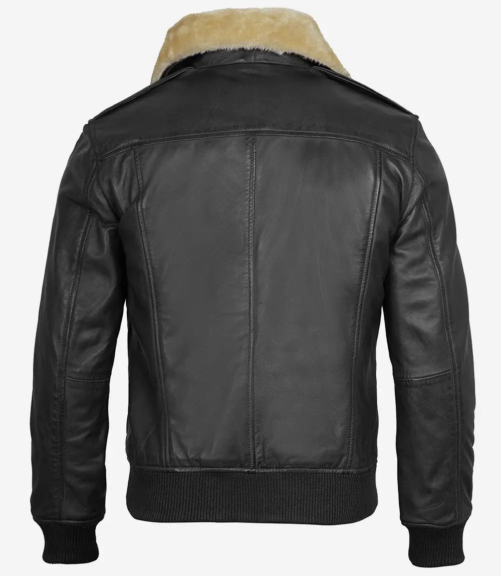 Mens Fur Collar Black Bomber Leather Jacket 