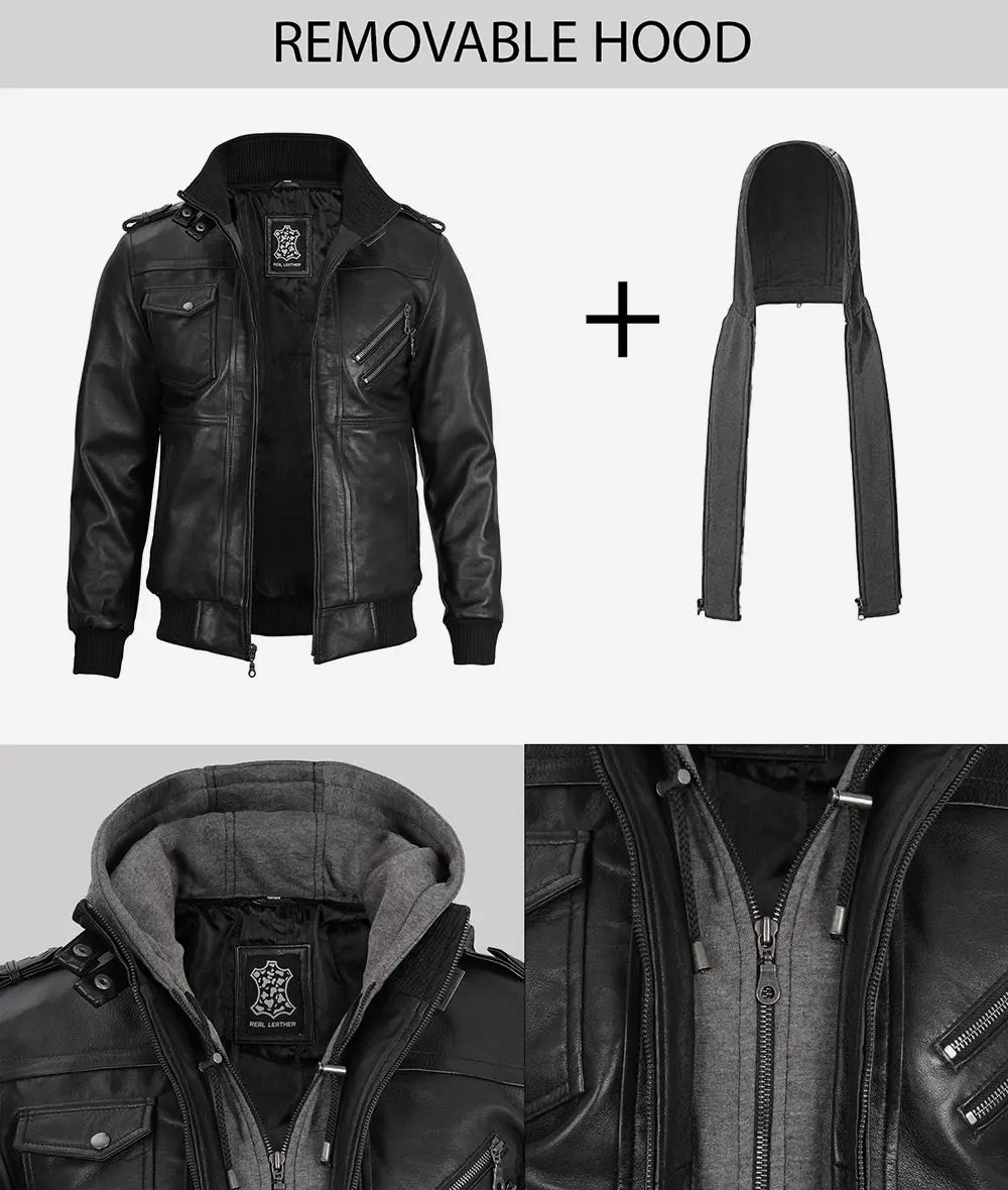 Mens Bomber Hooded Black Leather Jacket