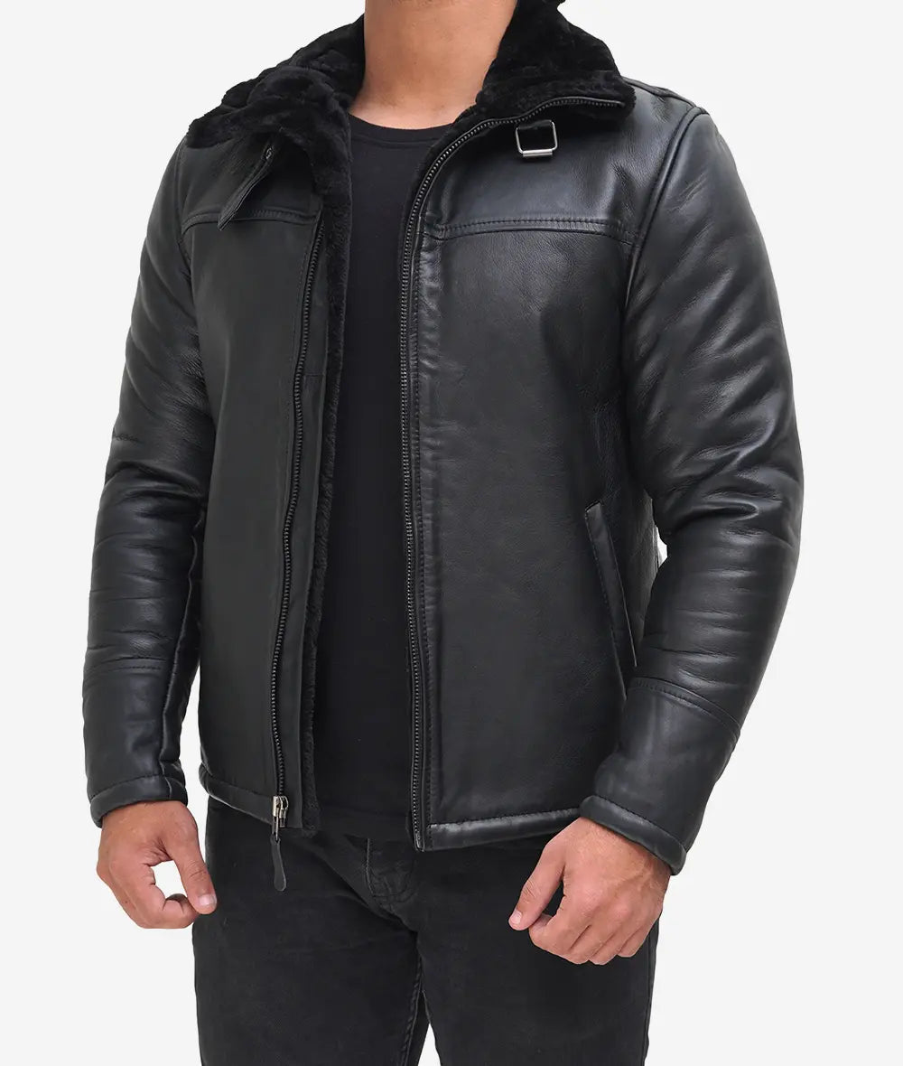 Black Leather B3 Bomber Jacket Mens