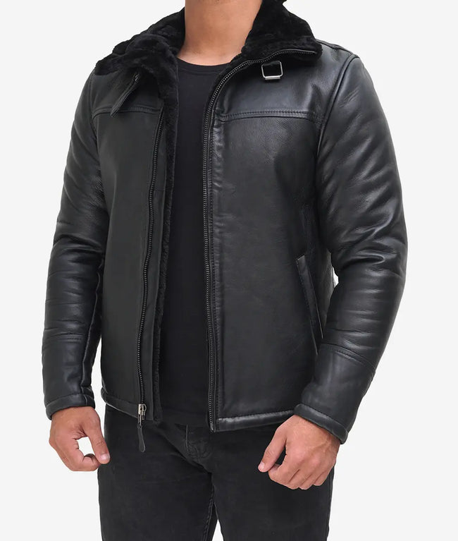 Black Leather B3 Bomber Jacket Mens