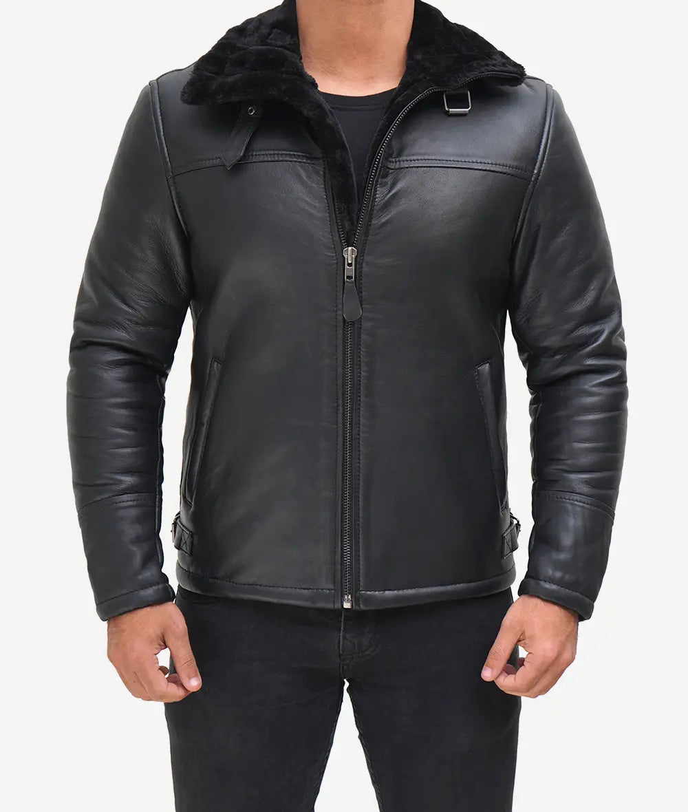 Black Leather B3 Bomber Jacket Mens
