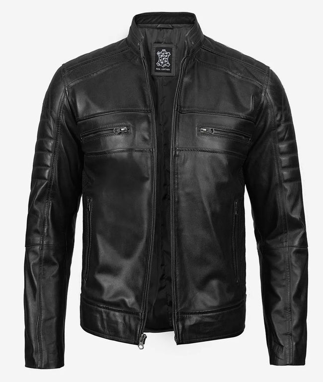 Austin Mens Lambskin Black Cafe Racer Leather Jacket