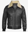 Mens Fur Collar Black Bomber Leather Jacket 
