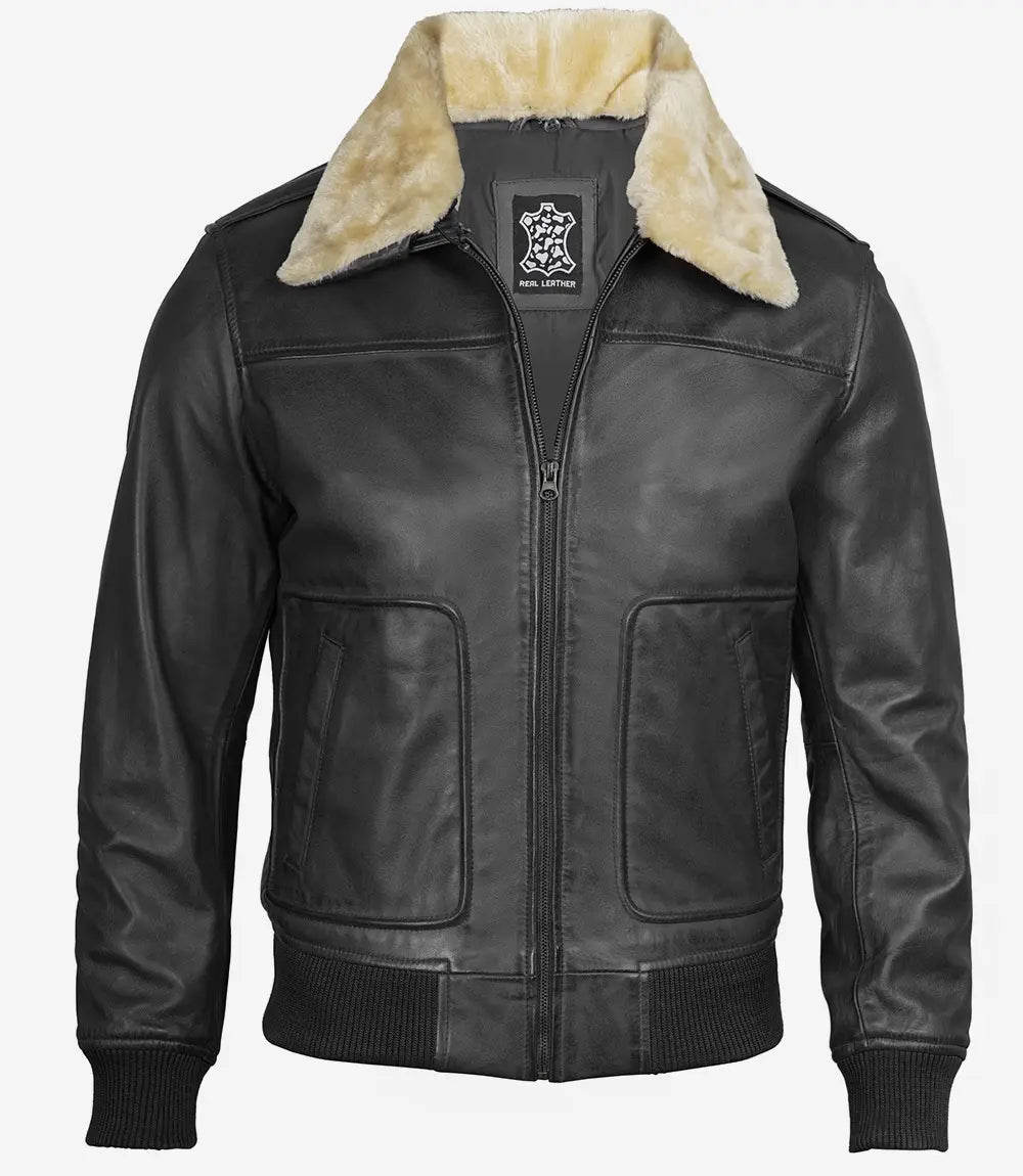 Mens Fur Collar Black Bomber Leather Jacket 