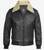 Mens Fur Collar Black Bomber Leather Jacket 