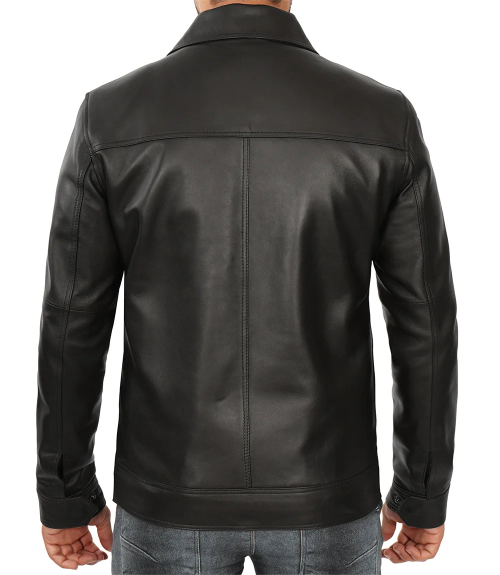 Mens Shirt Collar Classic Black Leather Jacket