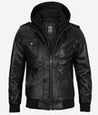 Mens Bomber Black Leather Jacket with Hood