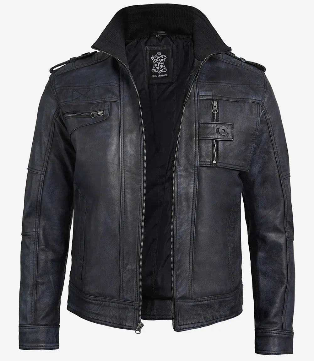 Mens Cafe Racer Distressed Black Leather Jacket