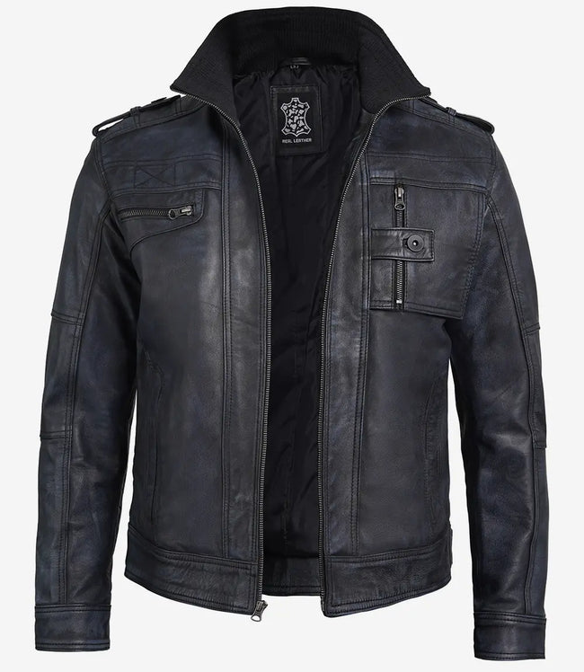 Mens Cafe Racer Distressed Black Leather Jacket