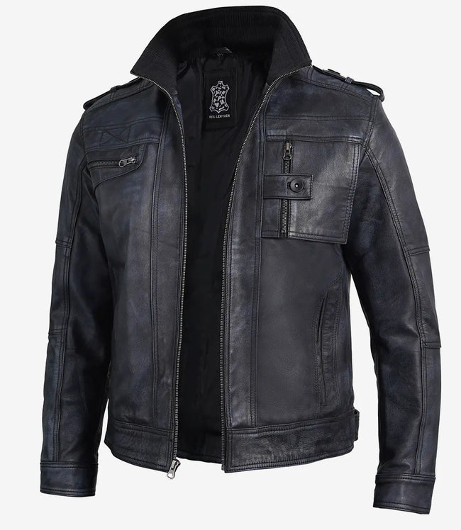 Mens Cafe Racer Distressed Black Leather Jacket