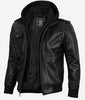 Mens Bomber Black Leather Jacket with Hood