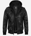 Mens Bomber Black Leather Jacket with Hood