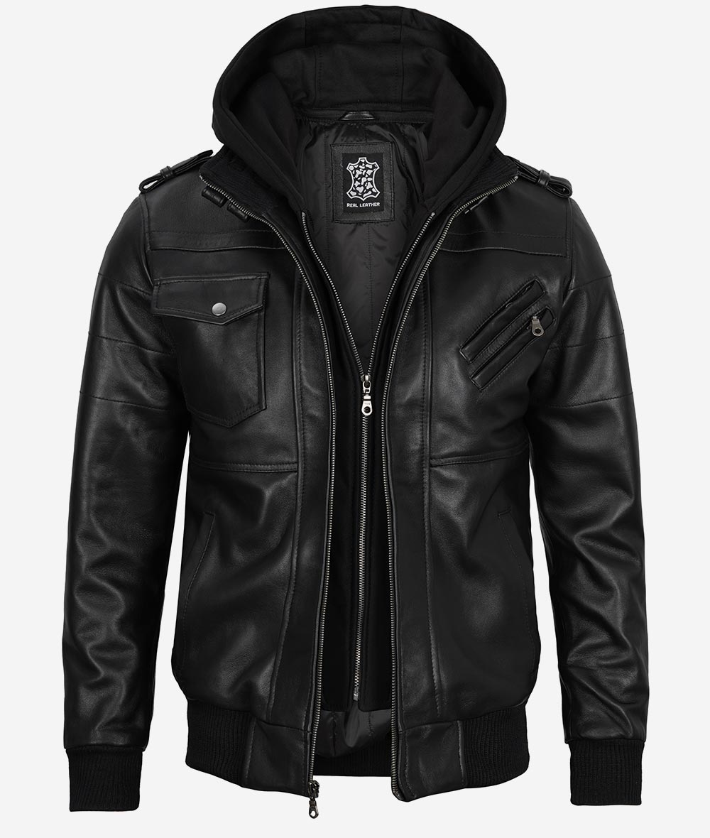 Mens Bomber Black Leather Jacket with Hood